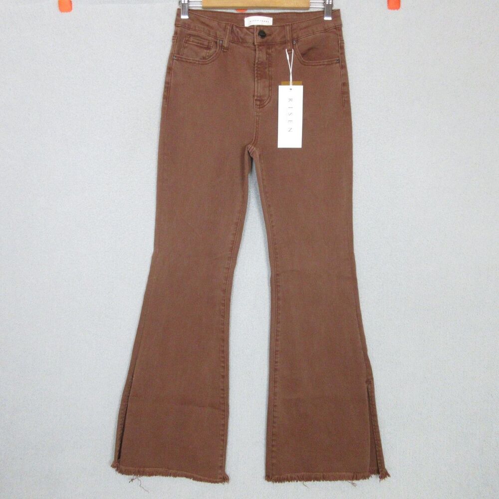 Risen‎ Jeans Womens 7/28 Split Hem Flare Jeans Raw Frayed Hem Brown Stretch